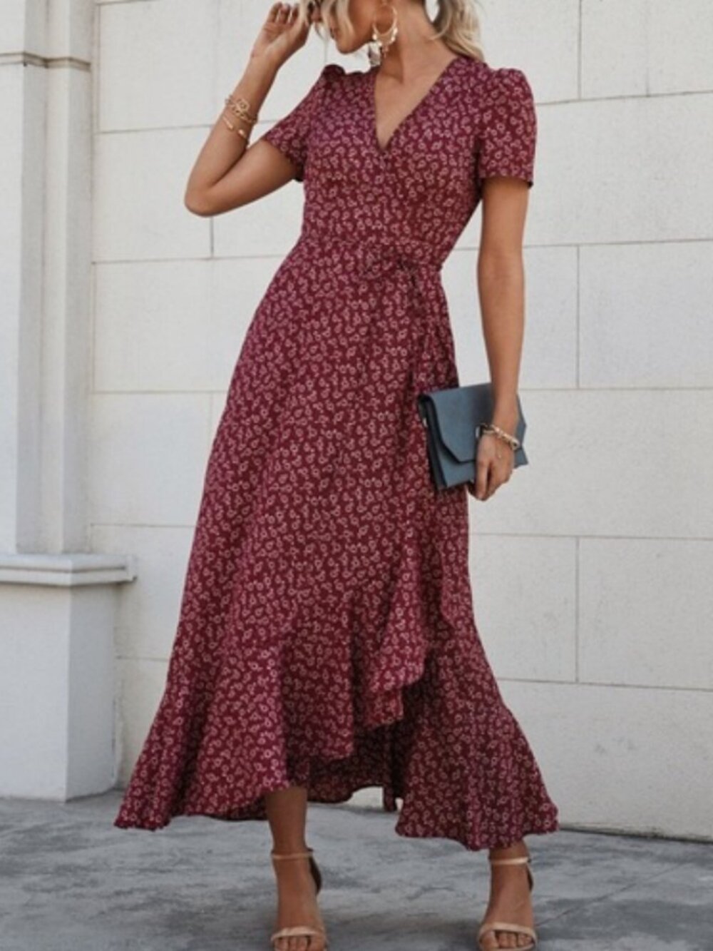 Midi Wrap Dress in Burgundy Floral